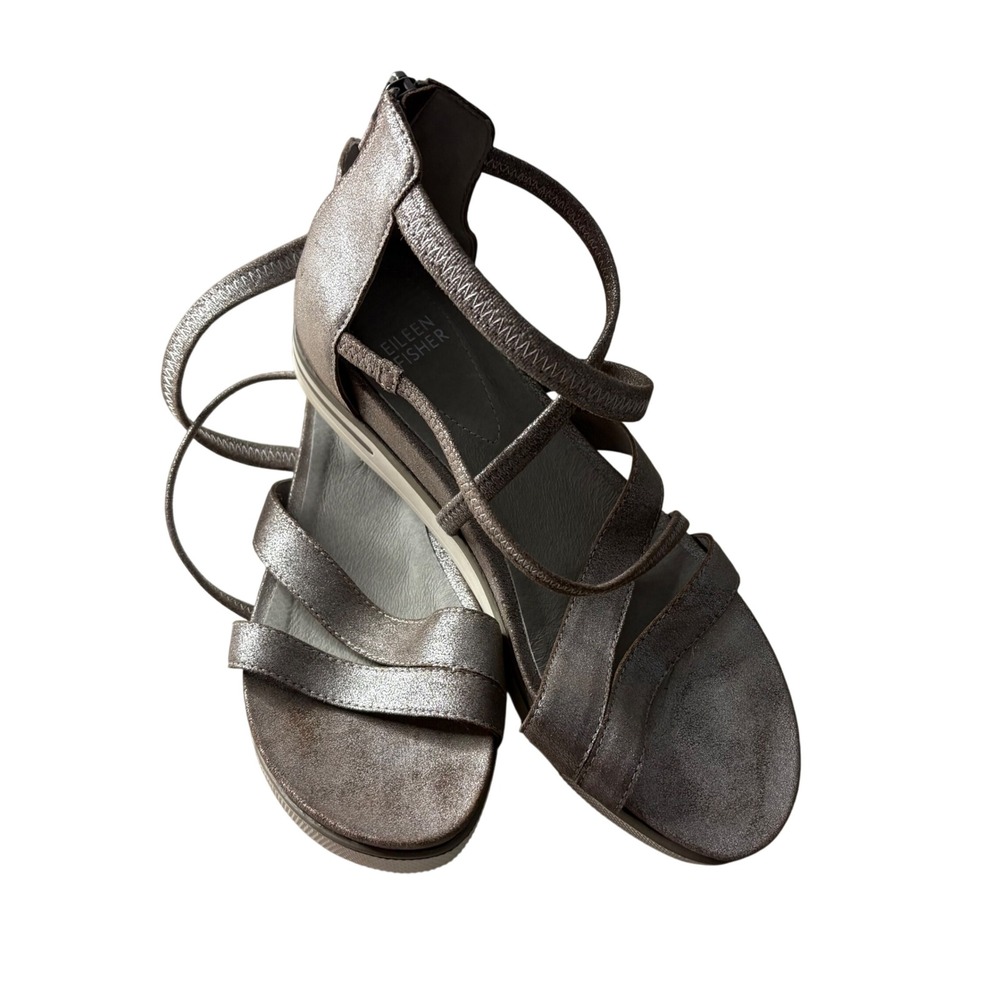 Eileen Fisher Metallic Silver Strappy Platform Gladiator Sandals Back Zip Sz 8.5